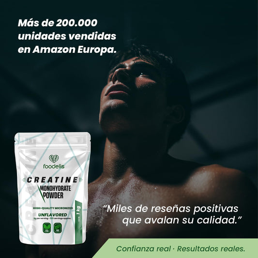 Foodelis Creatina Monohidratada en Polvo 1 kg / 333 Dosis - 100% Creatina Monohidrato Micronizada - Sin Sabor - Pura y Sin Aditivos - No-GMO - Alta Solubilidad - Incluye Dosificador