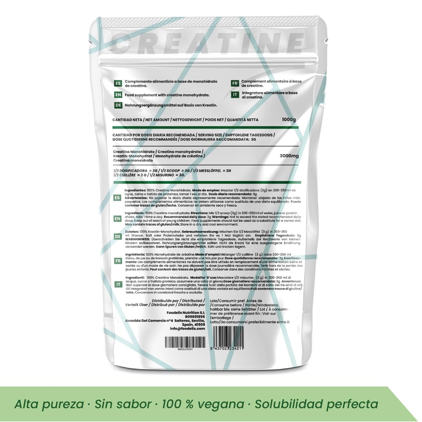 Foodelis Creatina Monohidratada en Polvo 1 kg / 333 Dosis - 100% Creatina Monohidrato Micronizada - Sin Sabor - Pura y Sin Aditivos - No-GMO - Alta Solubilidad - Incluye Dosificador