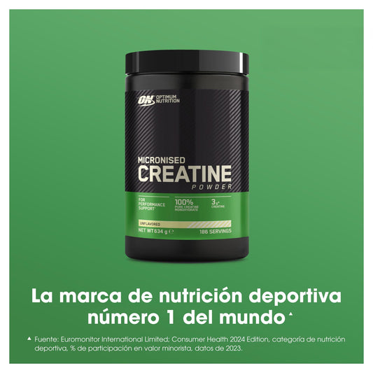 Optimum Nutrition Creatina Micronizada en Polvo, Sin Sabor, 634g, 186 Servicios