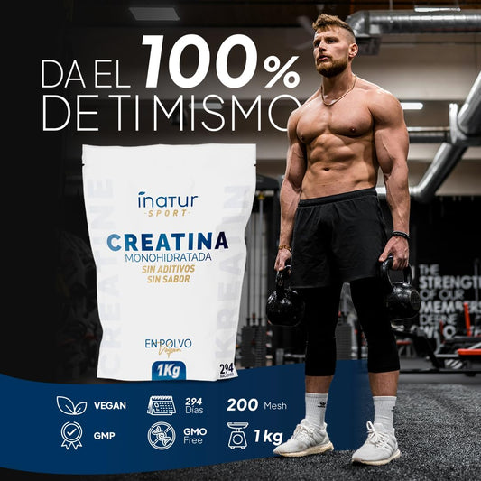 Creatina Monohidratada en polvo 1kg / 294 dosis - 100% Creatina Monohidrato Micronizada - Pura - Sin aditivos - Sin Sabor - Vegana - SIN GLUTEN - Incluye dosificador - Alta solubilidad