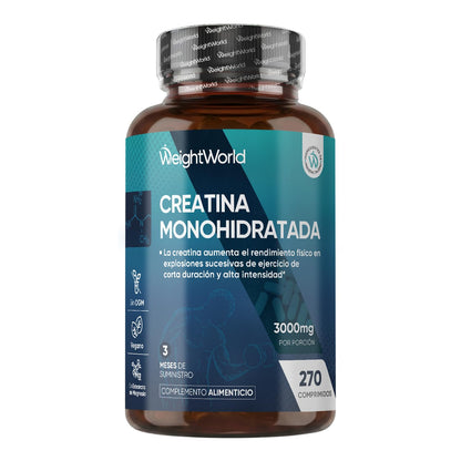 Creatina Monohidratada 3000mg, 270 Comprimidos, 3 Meses de Suministro - Suplemento Deportivo Apto para Veganos, 3 Comprimidos al Día, Sin OGM ni Estearato de Magnesio