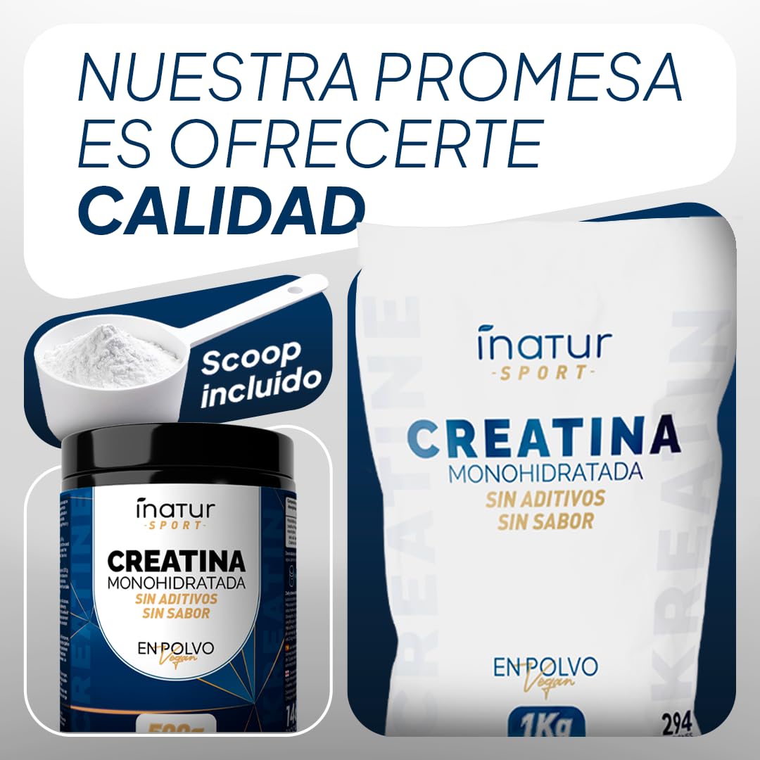 Creatina Monohidratada en polvo 1kg / 294 dosis - 100% Creatina Monohidrato Micronizada - Pura - Sin aditivos - Sin Sabor - Vegana - SIN GLUTEN - Incluye dosificador - Alta solubilidad