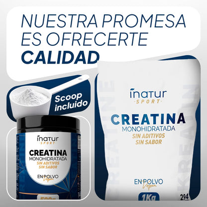 Creatina Monohidratada en polvo 1kg / 294 dosis - 100% Creatina Monohidrato Micronizada - Pura - Sin aditivos - Sin Sabor - Vegana - SIN GLUTEN - Incluye dosificador - Alta solubilidad