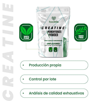 Foodelis Creatina Monohidratada en Polvo 1 kg / 333 Dosis - 100% Creatina Monohidrato Micronizada - Sin Sabor - Pura y Sin Aditivos - No-GMO - Alta Solubilidad - Incluye Dosificador