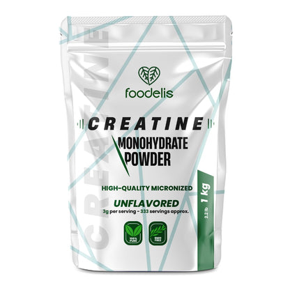 Foodelis Creatina Monohidratada en Polvo 1 kg / 333 Dosis - 100% Creatina Monohidrato Micronizada - Sin Sabor - Pura y Sin Aditivos - No-GMO - Alta Solubilidad - Incluye Dosificador