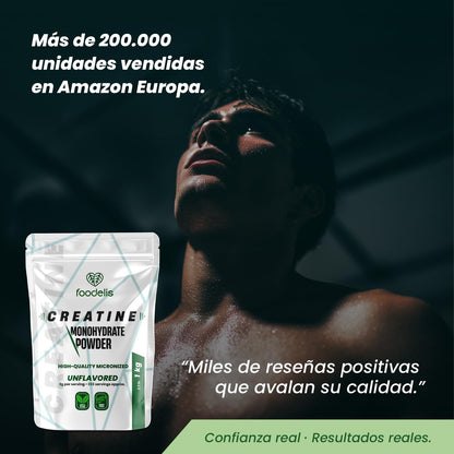 Foodelis Creatina Monohidratada en Polvo 1 kg / 333 Dosis - 100% Creatina Monohidrato Micronizada - Sin Sabor - Pura y Sin Aditivos - No-GMO - Alta Solubilidad - Incluye Dosificador
