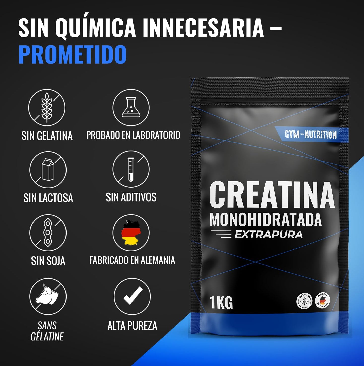 Creatina Monohidratada 1kg / 1000g - Polvo 100% Vegano - Creatina Monohidrato Sin Sabor con Inulina - Alta Pureza - Producido en Alemania - Creatine Monohydrate Powder