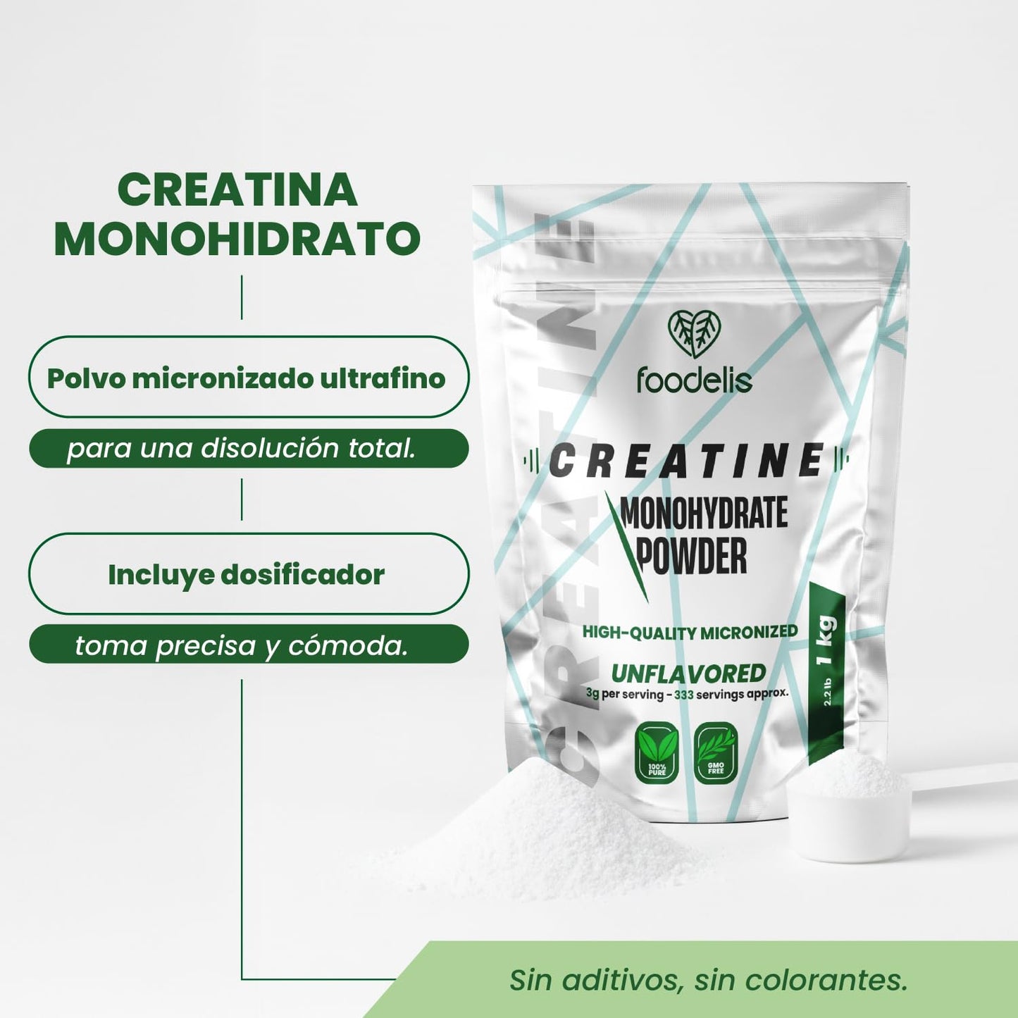 Foodelis Creatina Monohidratada en Polvo 1 kg / 333 Dosis - 100% Creatina Monohidrato Micronizada - Sin Sabor - Pura y Sin Aditivos - No-GMO - Alta Solubilidad - Incluye Dosificador