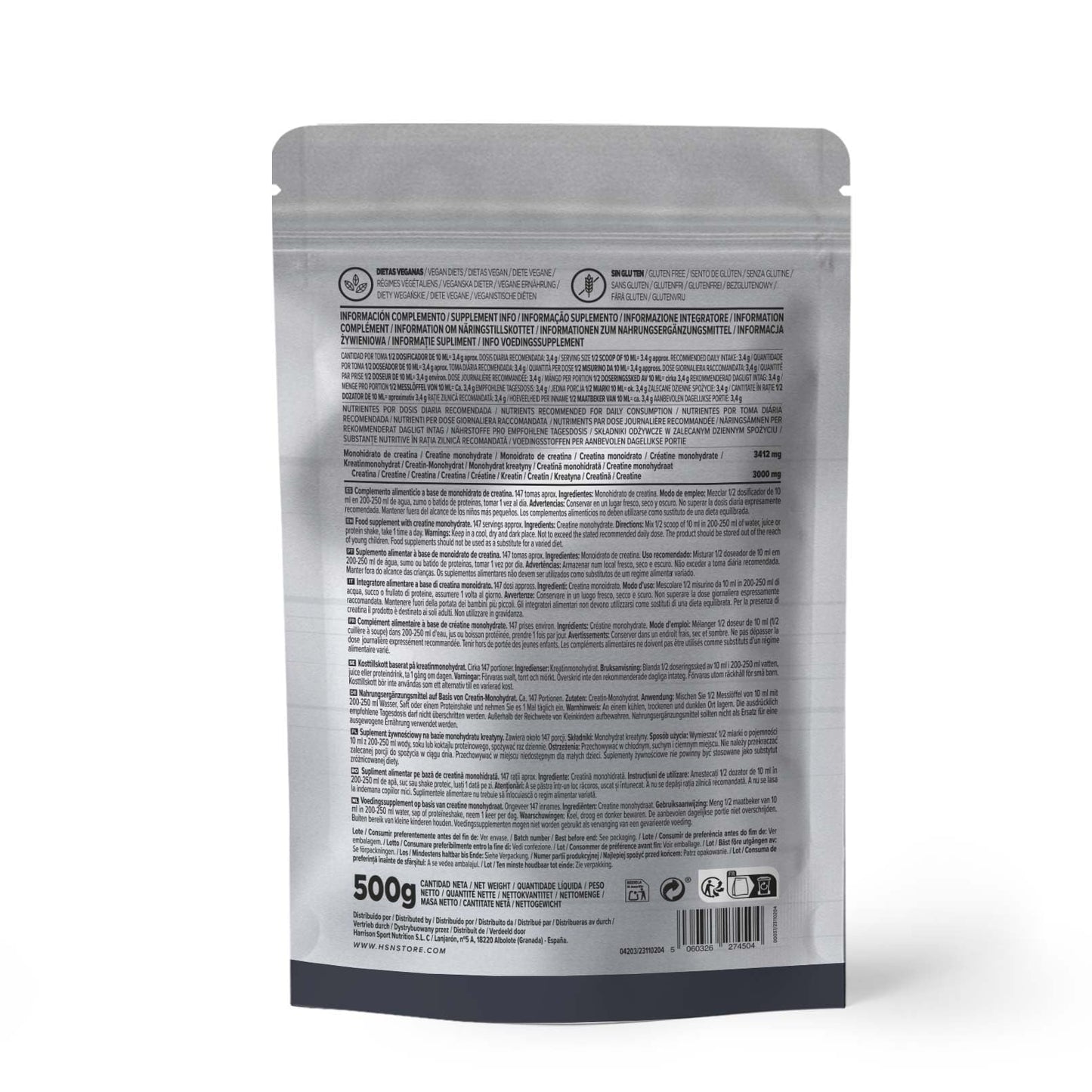 HSN Creatina Monohidrato Micronizada 500g | 100% Pura, Sin Sabor | Vegana, Sin Gluten y Sin Aditivos | Alta Solubilidad y Máxima Pureza | No Incluye Dosificador