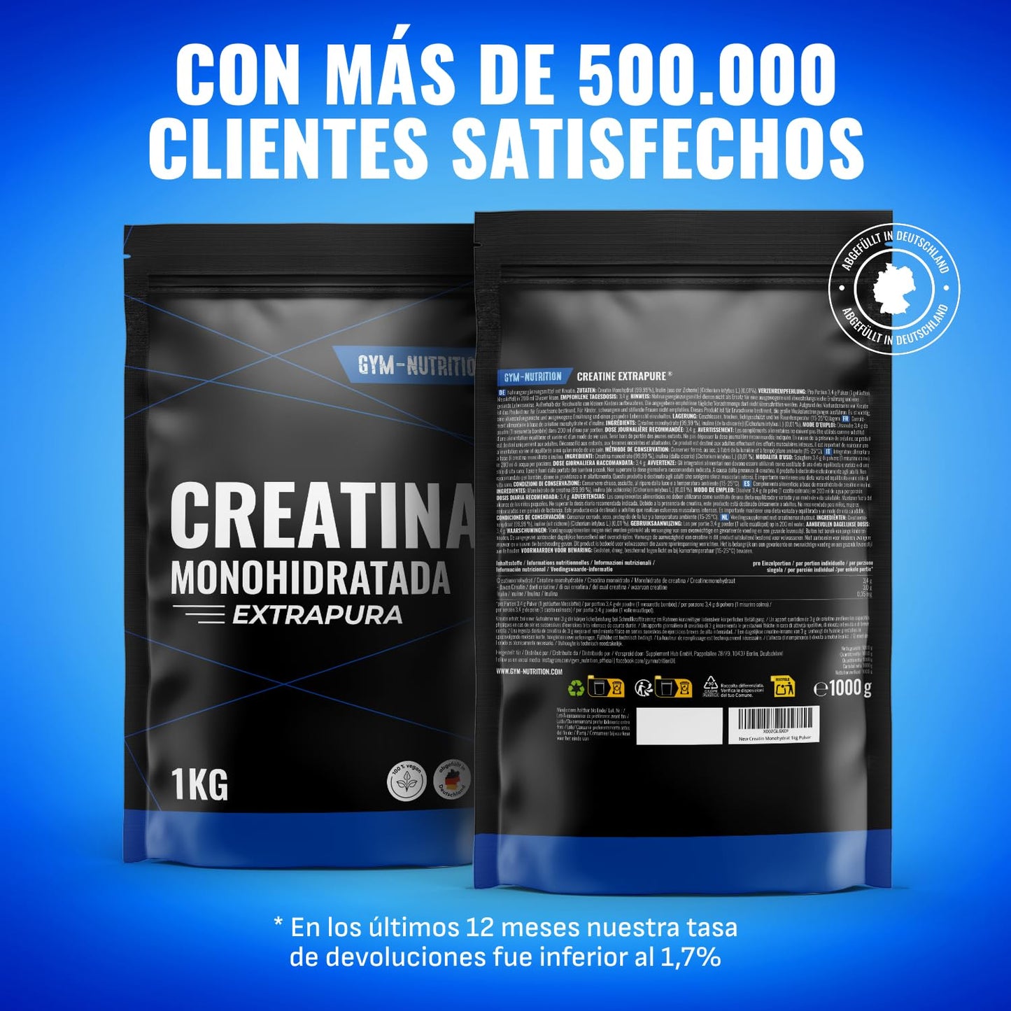 Creatina Monohidratada 1kg / 1000g - Polvo 100% Vegano - Creatina Monohidrato Sin Sabor con Inulina - Alta Pureza - Producido en Alemania - Creatine Monohydrate Powder