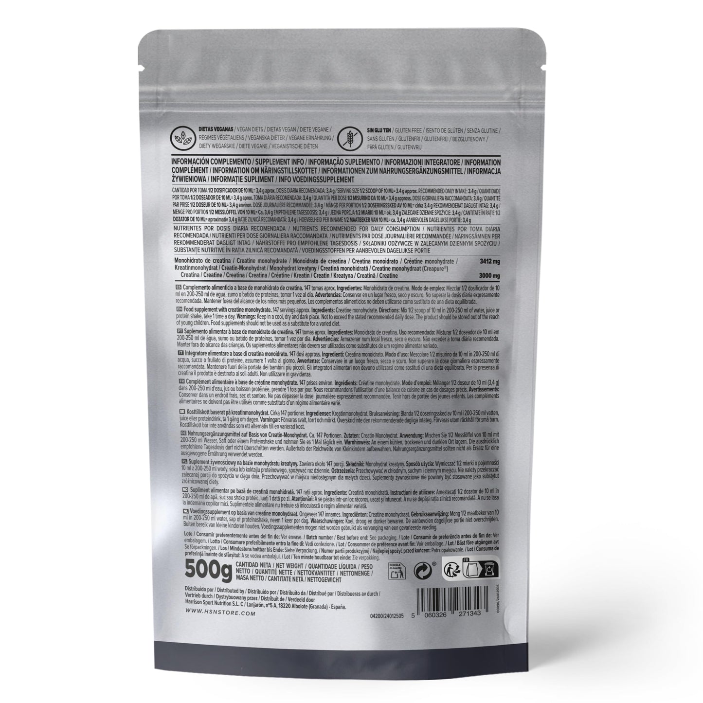 HSN Creatina 100% CREAPURE en Polvo Sin Sabor 500g | 100% Monohidrato de Creatina Micronizada | No Incluye Dosificador | Sin Añadidos y Libre de Contaminantes | No-GMO, Vegano, Sin Gluten