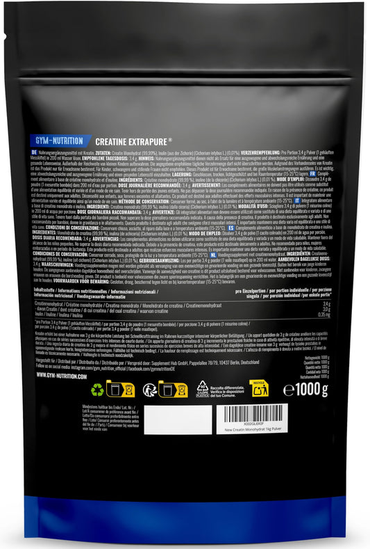 Creatina Monohidratada 1kg / 1000g - Polvo 100% Vegano - Creatina Monohidrato Sin Sabor con Inulina - Alta Pureza - Producido en Alemania - Creatine Monohydrate Powder