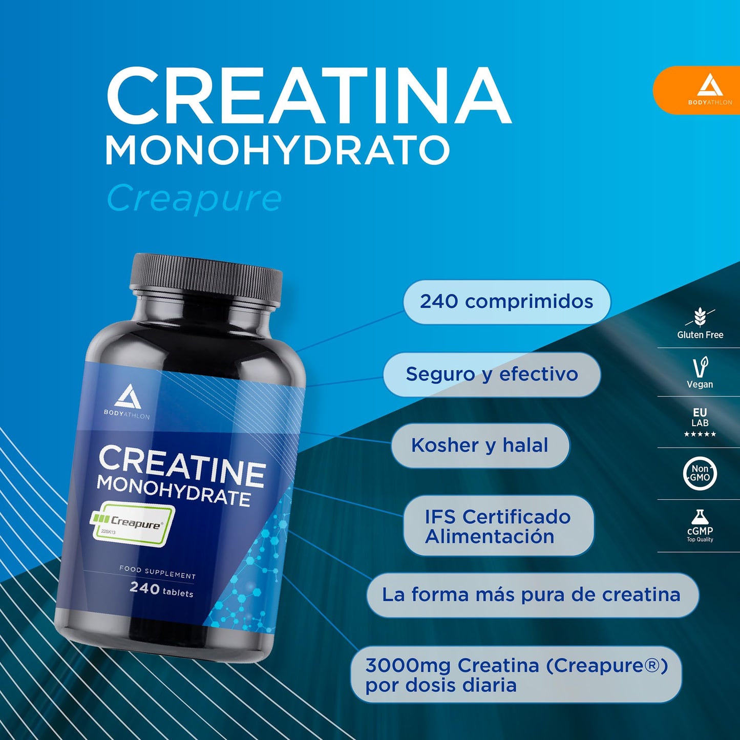 Creatina CREAPURE Monohidrata 240 comprimidos- Calidad garantizada, Vegano- Aumenta tu masa muscular fuerza y resistencia - Creatina Monohidratada Pura 3000mg- Comprimidos solubles- Bodyathlon