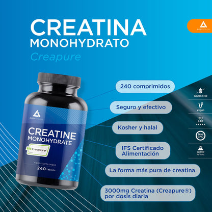 Creatina CREAPURE Monohidrata 240 comprimidos- Calidad garantizada, Vegano- Aumenta tu masa muscular fuerza y resistencia - Creatina Monohidratada Pura 3000mg- Comprimidos solubles- Bodyathlon